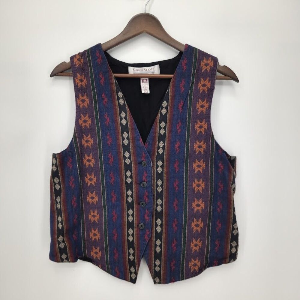 Vintage Karen Scott Southwestern Aztec Print Western Vest 100% Cotton Medium